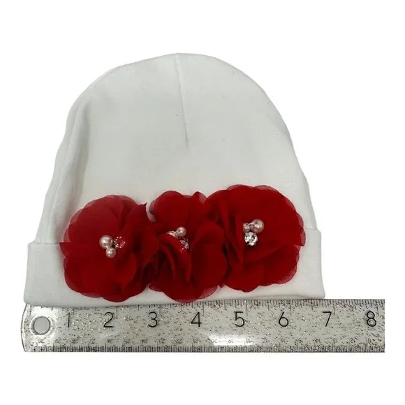 Handmade Infant Girl Beanie Hat Red White Neutral Christmas Holidays Valentines - Picture 4 of 11
